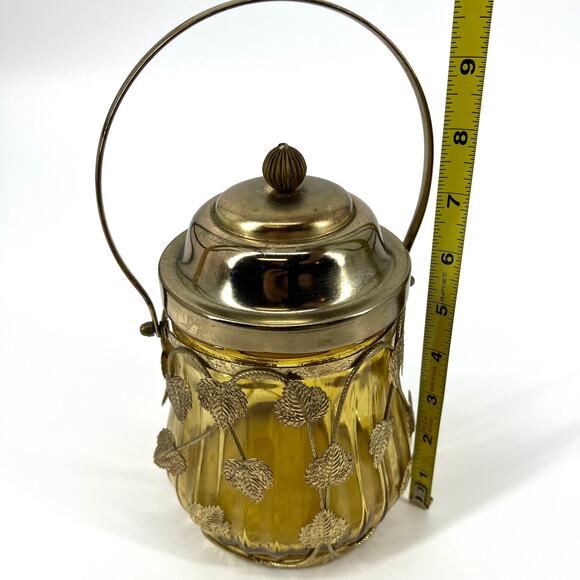 VTG Amber Glass Biscuit Jar Music Box Lid plays Love Story Metal Leaf Overlay - Picture 7 of 7